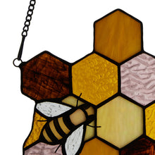 Load image into Gallery viewer, Honeycomb Bees Stained Glass Window Panel