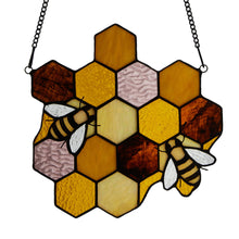 Load image into Gallery viewer, Honeycomb Bees Stained Glass Window Panel