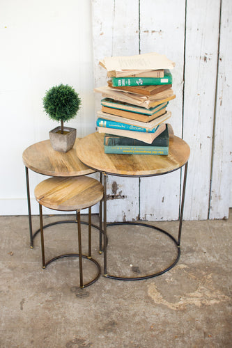 Set of 3 Nesting Iron Accent Tables with Mango Wood Tops