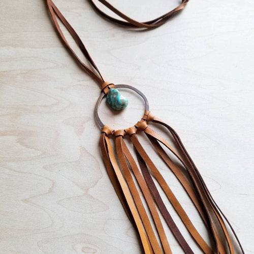 Tan Leather Dream Catcher Necklace with Turquoise Chunk