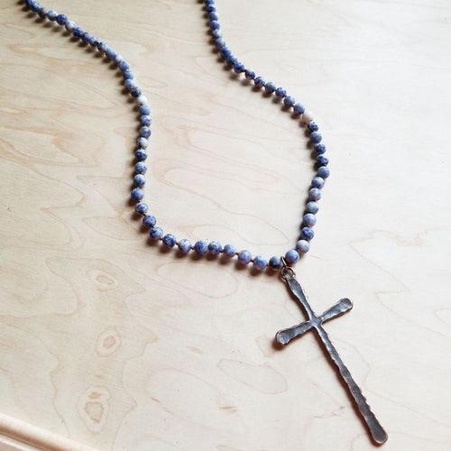 Frosted Blue Sodalite Beaded Necklace w/ Copper Cross