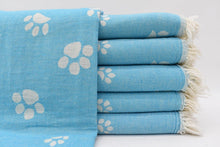 Load image into Gallery viewer, Turkish Bath Towel- Turquoise and White Paw Print