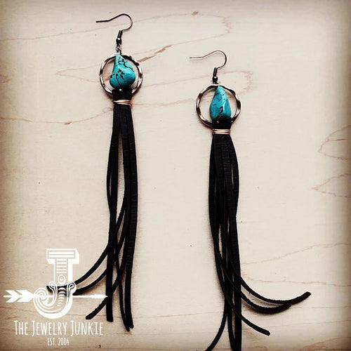 Turquoise Drop Earrings with Leather Tassel-Black