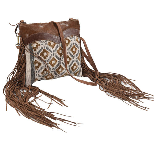 Brown and Blue Crossbody With Fringe Fur and Canvas