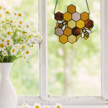 Load image into Gallery viewer, Honeycomb Bees Stained Glass Window Panel