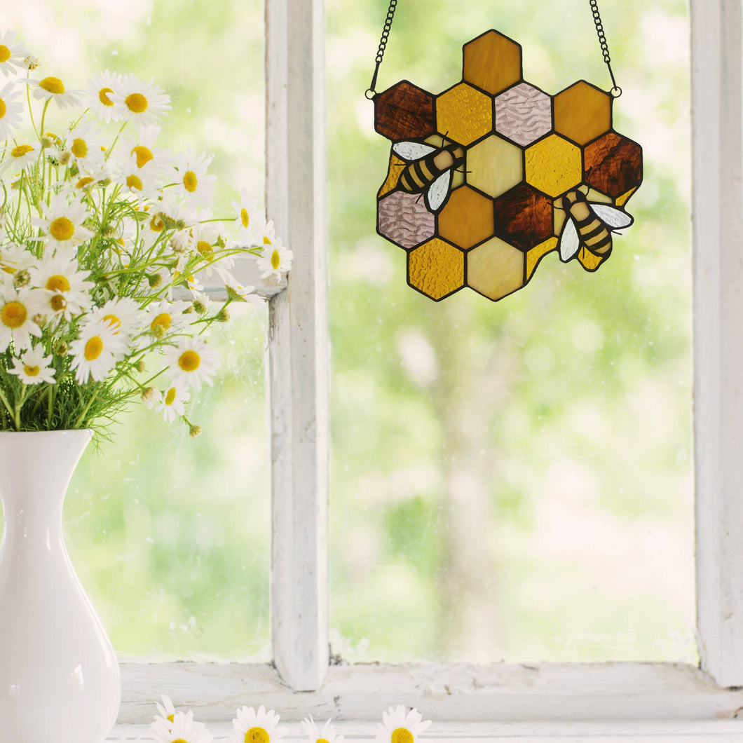 Honeycomb Bees Stained Glass Window Panel