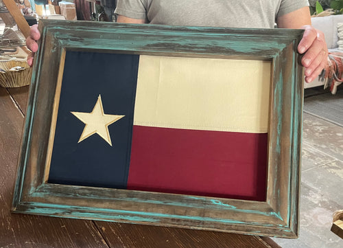 Texas Flag Art With Turq. Wooden Frame