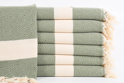 Turkish Hand Towel- Green With Cream Stripe