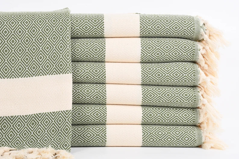 Turkish Hand Towel- Green With Cream Stripe
