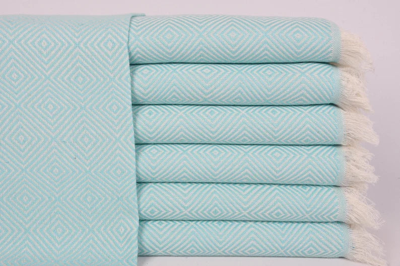 Turkish Hand Towel- Blue and Cream Diamond Print