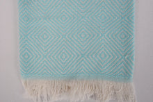 Load image into Gallery viewer, Turkish Hand Towel- Blue and Cream Diamond Print