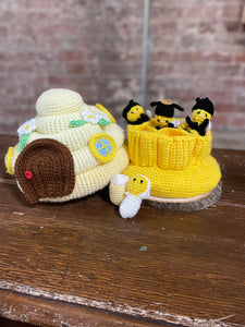 Hand Knitted Bee Hive with Bee’s