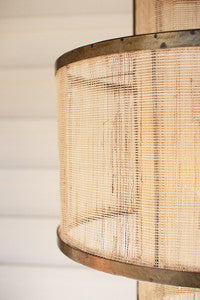 Round Double Layered Woven Fiber and Metal Pendant Light