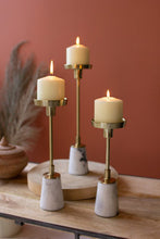 Load image into Gallery viewer, Set of 3 Brass Pillar Candle Holders with Marble Bases