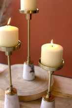 Load image into Gallery viewer, Set of 3 Brass Pillar Candle Holders with Marble Bases