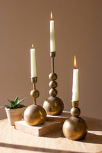 Load image into Gallery viewer, Set of 3 Antique Brass Stacked Ball Taper Candle Holders