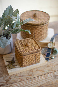 Set of 2 Round and Square Woven Cane Boxes
