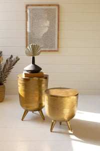 Set of 2 Antique Brass Aluminum Drum Tables