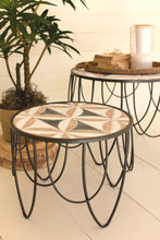 Load image into Gallery viewer, Set of 2 Round Carved Wood Top Accent Tables with Metal Base