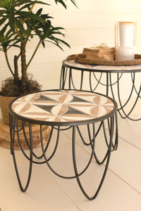 Set of 2 Round Carved Wood Top Accent Tables with Metal Base