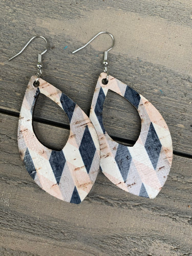 Tan & Black Chevron Cork and Leather Teardrop Earrings