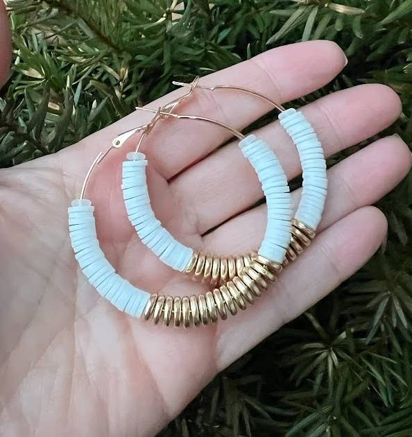White/Gold Heishi Hoop Earrings