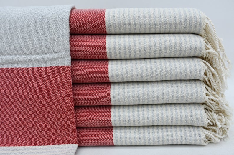 Turkish Bath Towel- Red, Grey and Cream