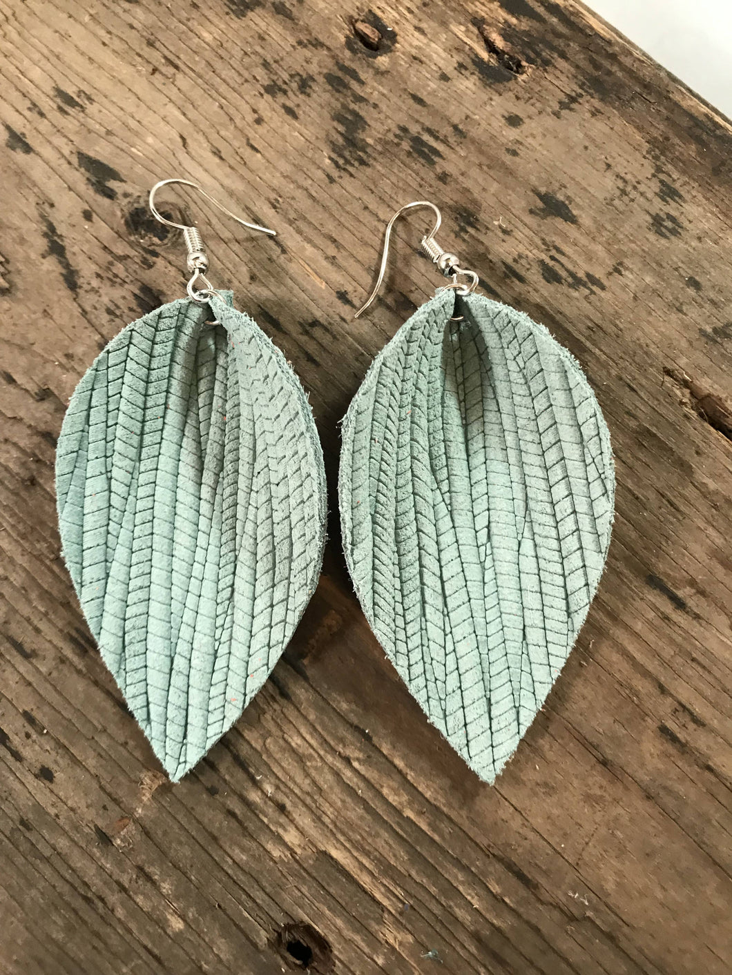 Mint Palm Leaf Textured Leather Earring