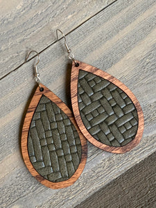 Olive Basket Weave on Wood Teardrop Earrings