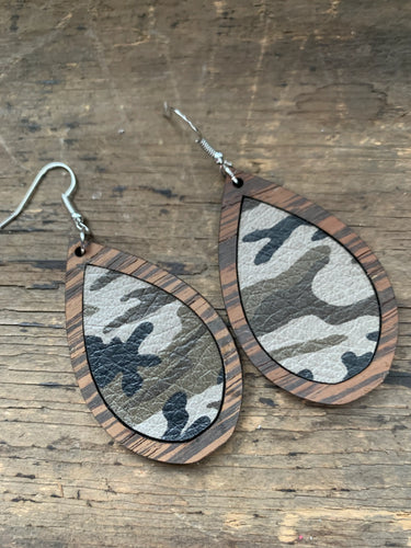 Camo on Wood Teardrop Earrings