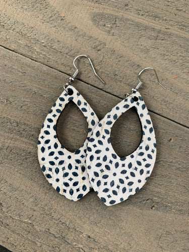 Black & White Dot Cork and Leather Teardrop Earrings