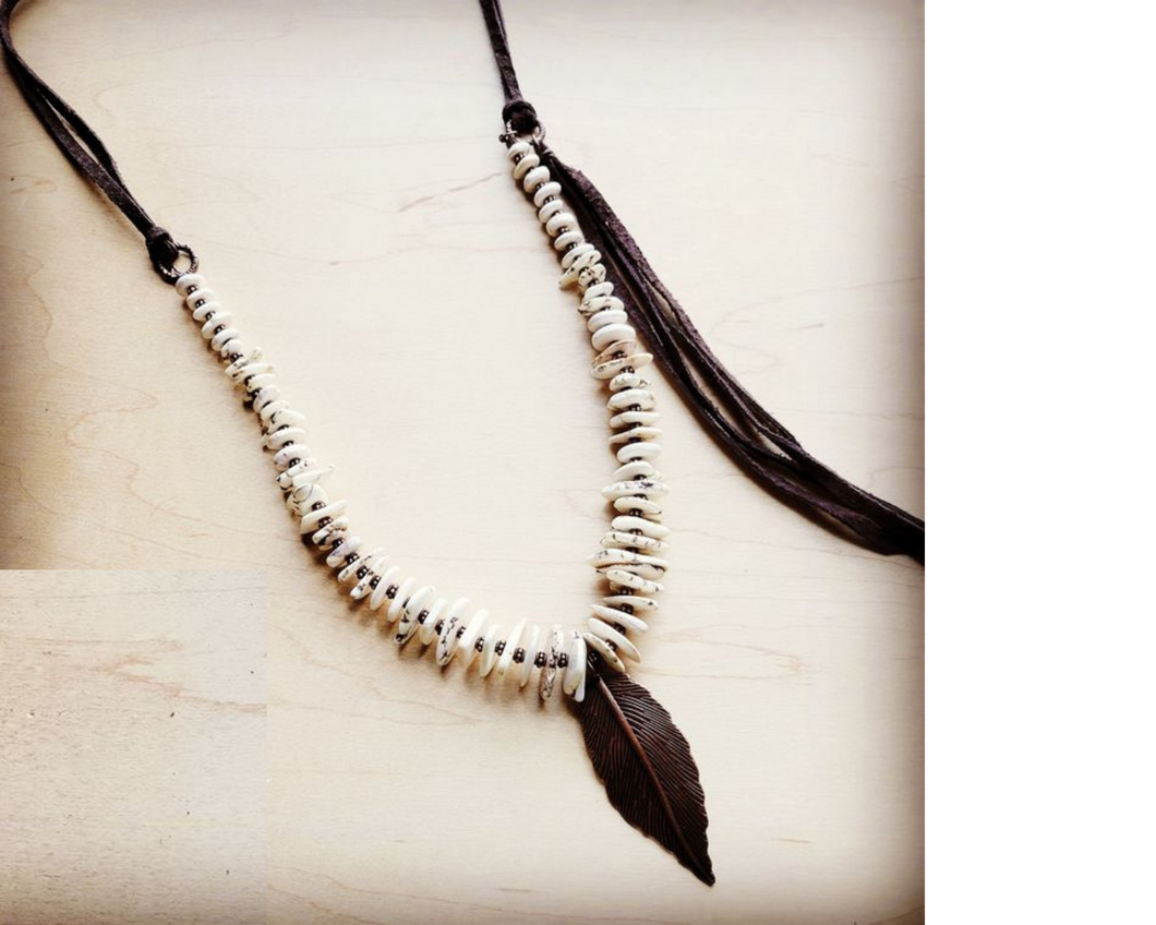 White Turquoise Necklace w/ Copper Feather