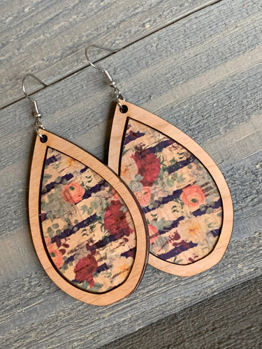 Floral & Stripe on Wood Teardrop Earrings