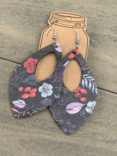 Black Floral Cork and Leather Teardrop Earrings