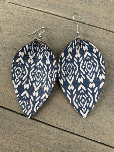 Cream & Navy Ikat Leather Earrings