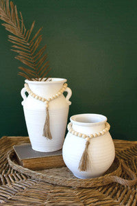 White Clay Vase With Beads