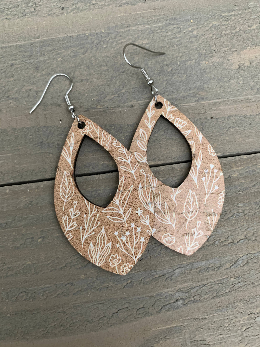 White Floral Cork and Leather Teardrop Earrings