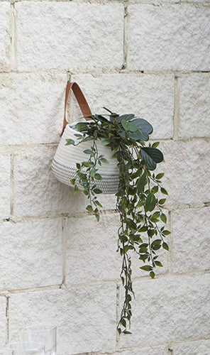 Woven Cotton Hanging Planter-Grey/White