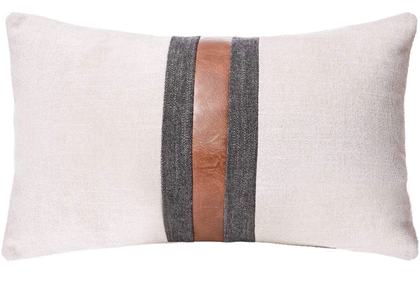 Tan Kidney Pillow w/ Faux Leather Stripe