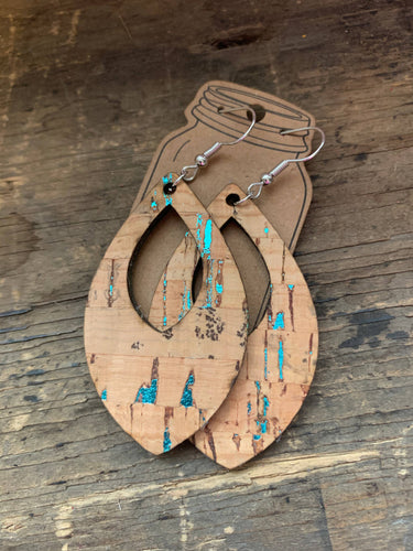 Turquoise Fleck Cork Teardrop Earrings