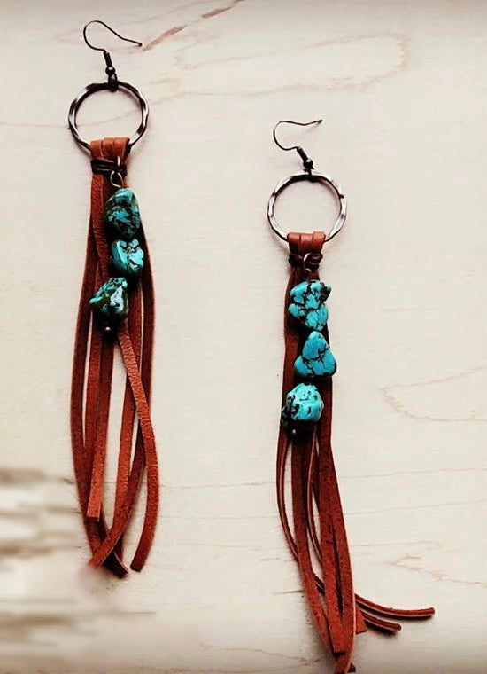 Leather Fringe Earrings w/ Turquoise Chunks