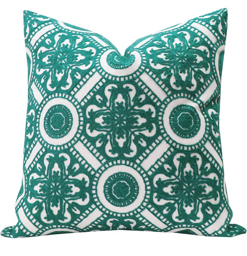 Green and White Embroidered Pillow