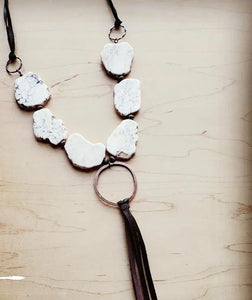 White Turquoise w/ Long Leather Tassel Necklace