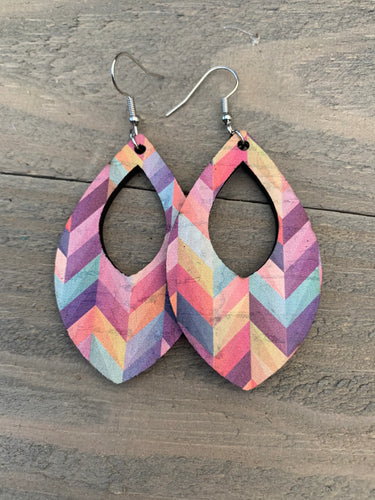 Rainbow Chevron Cork and Leather Teardrop Earrings