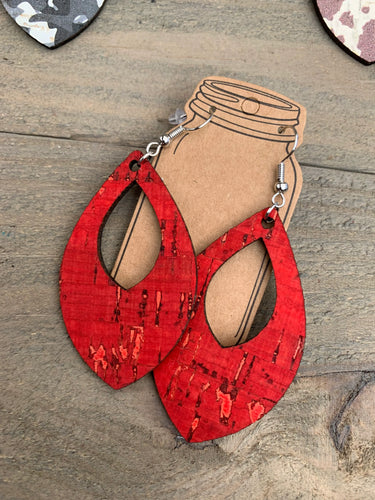 Red Cork and Leather Teardrop Earrings