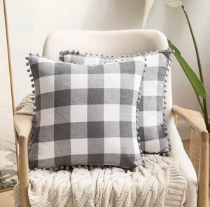 Grey Plaid w/ Pom Fringe Pillow Cover