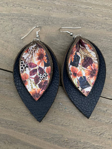 Navy Fall Floral Double Layered Leather Earrings