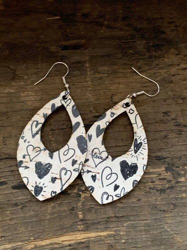 Black & White Heart Cork and Leather Teardrop Earrings