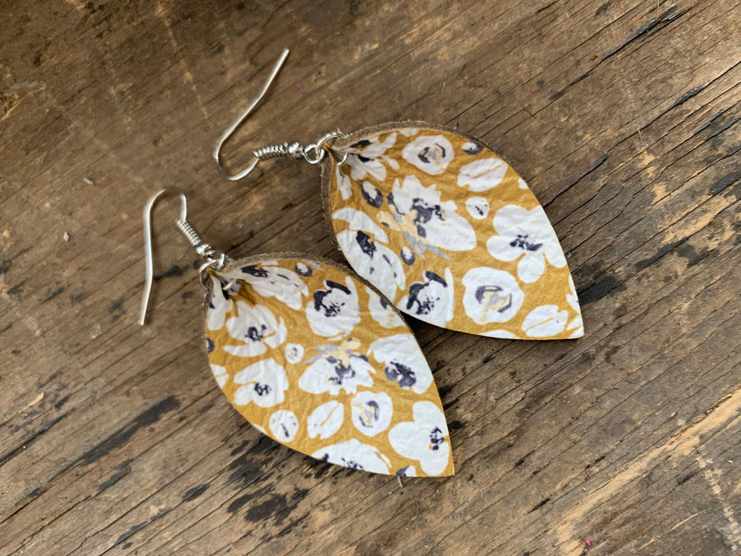 Mustard Poppy Print Leather Earrings