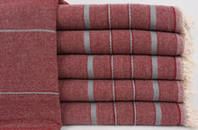 Load image into Gallery viewer, Turkish Bath Towel- Deep Red &amp; Gray Stripe